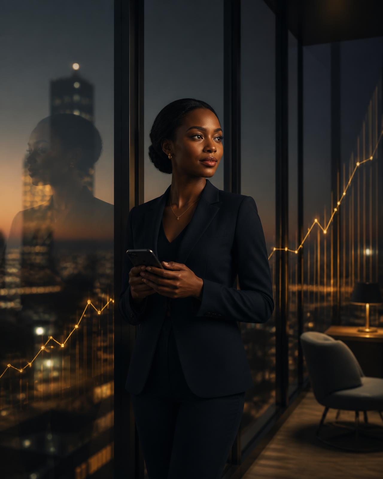 Investisseuse africaine consultant ses placements sur son smartphone